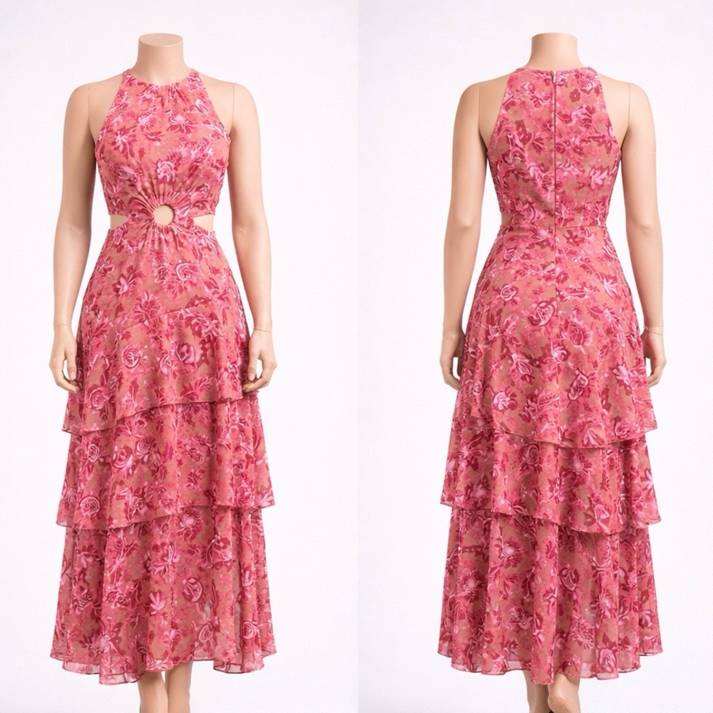 Pink Floral Tiered Halter Maxi Dress with Cutout